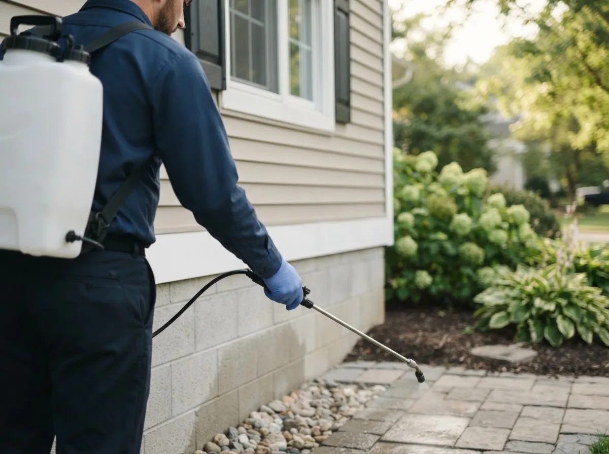 Pest control technician inspecting a home in Loganville, PA